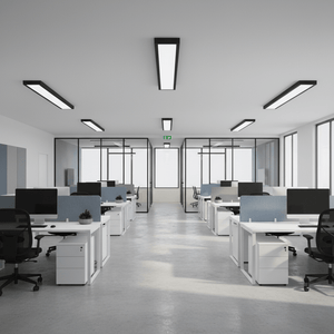 Modern office space featuring multiple desks with computers, illuminated by sleek black linear LED panel lights.
