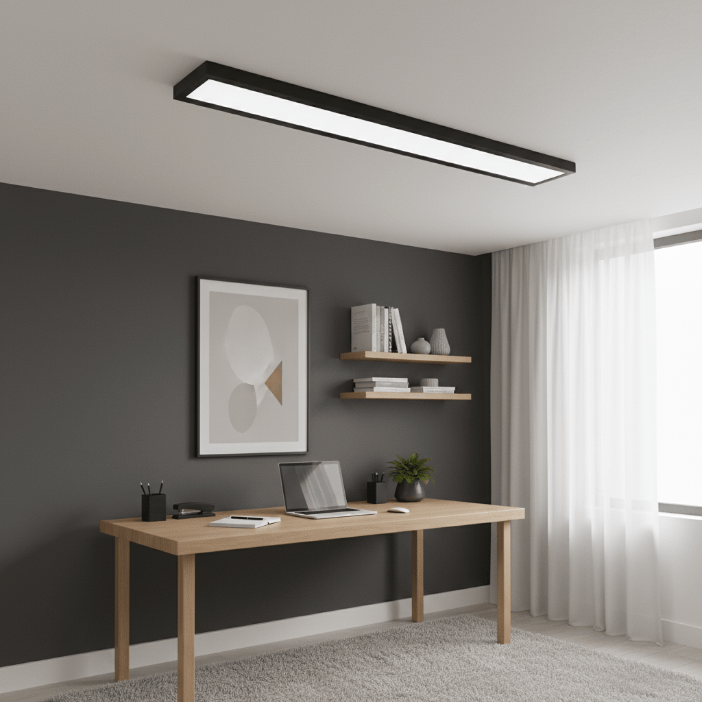 Black surface mount linear LED panel light installed above a modern wooden desk in a stylish office setting.