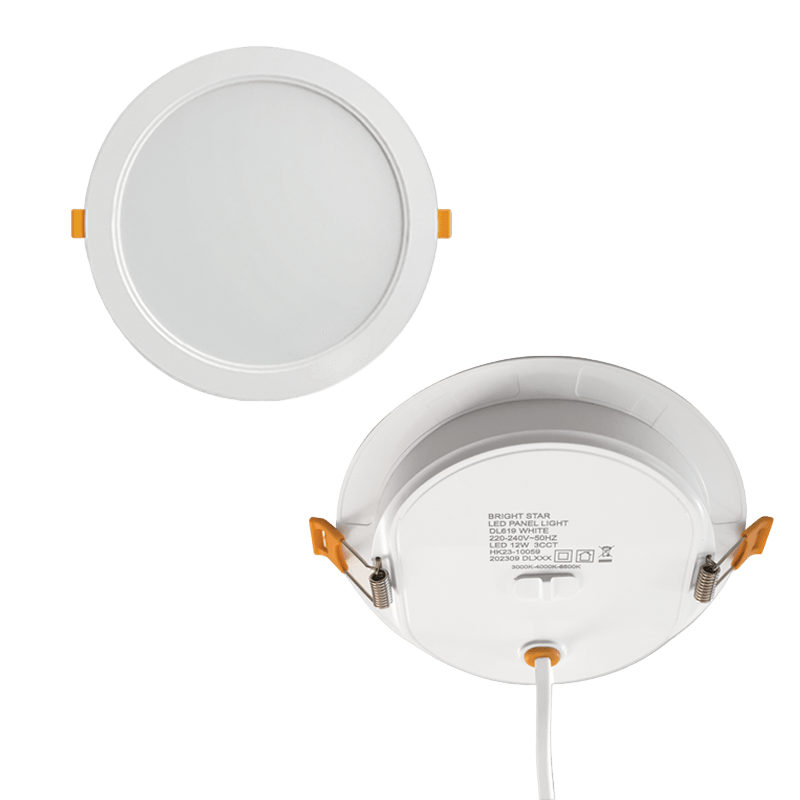Two round LED panel lights on a gray background