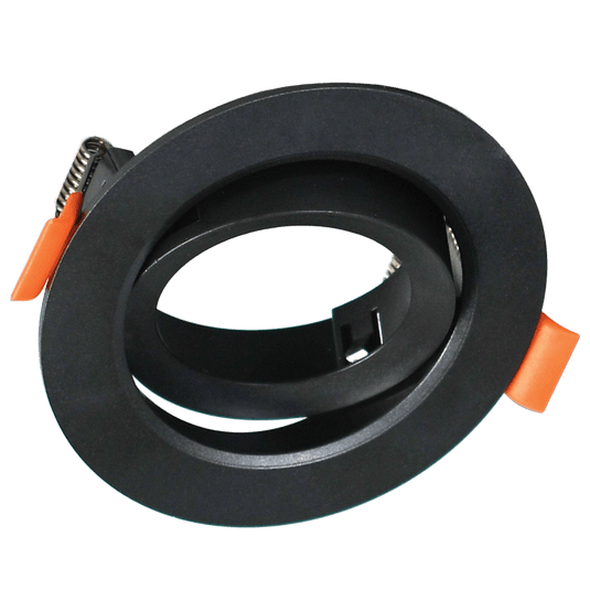 Black GU10 recessed downlight with a compact polycarbonate body and tilt-adjustable design.
