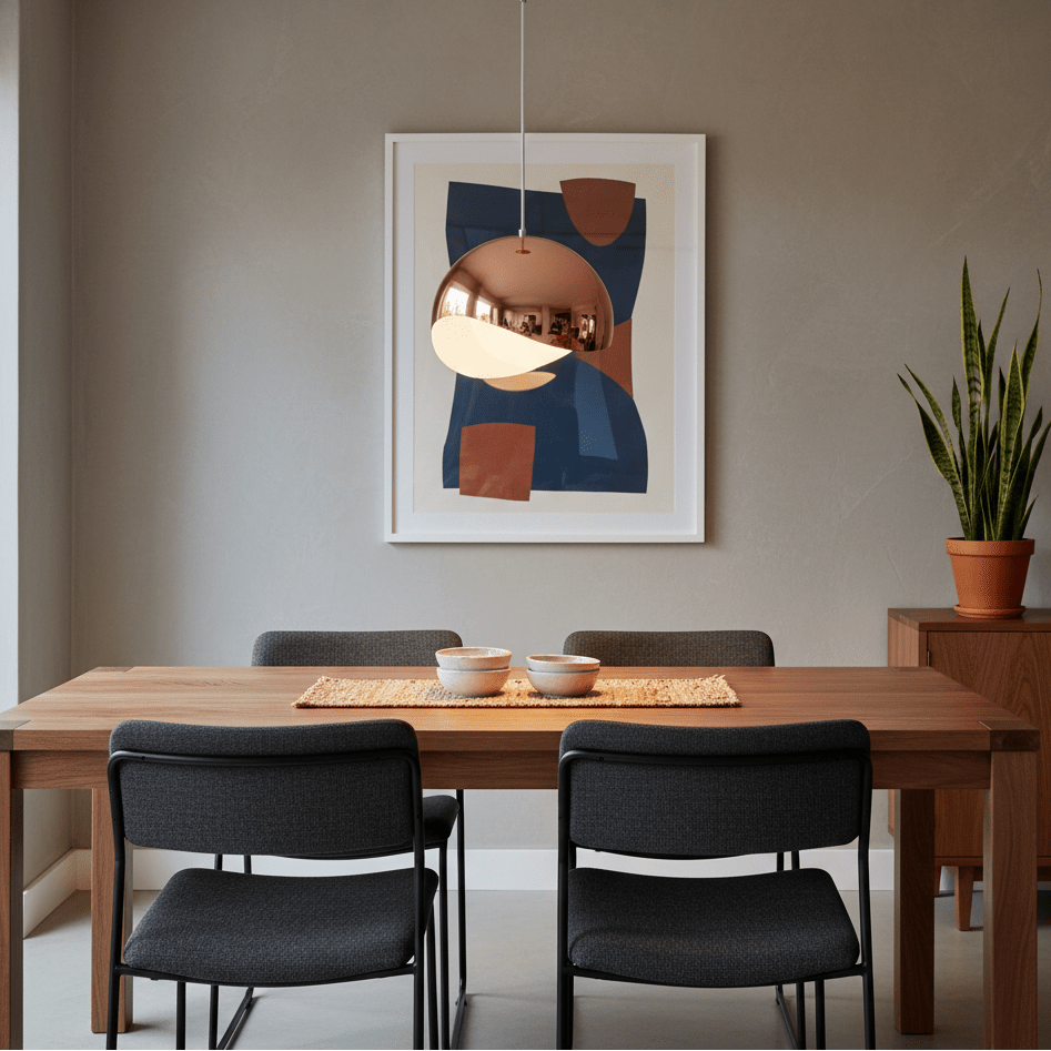 Maria Rose Gold Pendant Light hanging above a wooden dining table with bowls and a decorative runner.