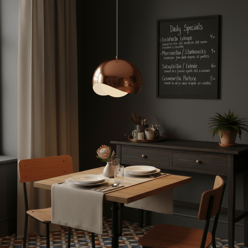 Maria Rose Gold Pendant Light hanging above a dining table set with plates and cutlery, featuring a chalkboard menu in the