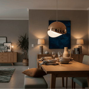 Maria Rose Gold Pendant Light hanging above a wooden dining table set with dishes and glasses in a stylish interior.