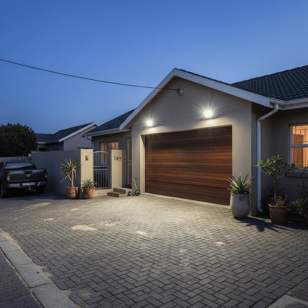 LED floodlights illuminating a driveway and entrance of a home at dusk, enhancing visibility and safety.