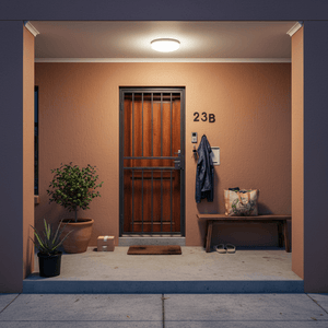 Outdoor entrance with a ceiling light illuminating a wooden door, potted plants, and a bench.