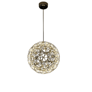 Modern pendant light with spherical design on a black background