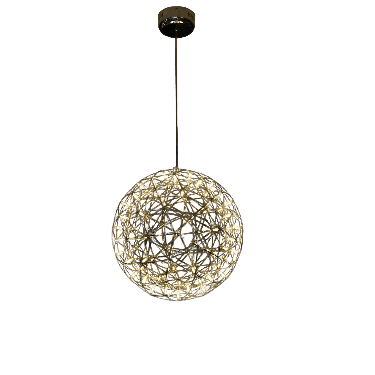 Modern pendant light with spherical design on a black background