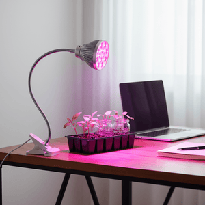Clip-on LED grow light positioned over seedlings on a desk, with a laptop and notebook nearby.