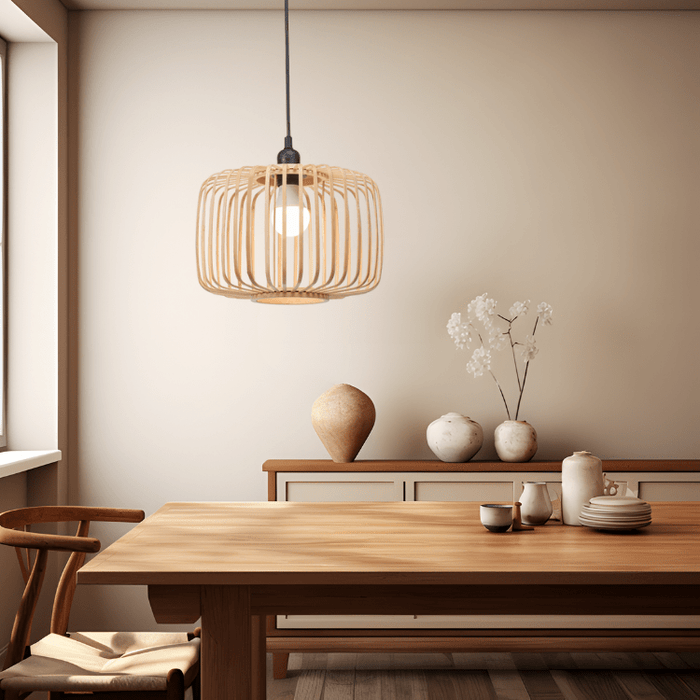 Why Bamboo Pendant Lights Work So Well in Coastal, Bush & Eco-Style Interiors, comparison styling of bamboo pendant in a realistic South African showroom setting with natural fibres and layered warm 3000K display lighting, accurate material contrast, realistic 800x800 composition with charcoal and warm oak accents