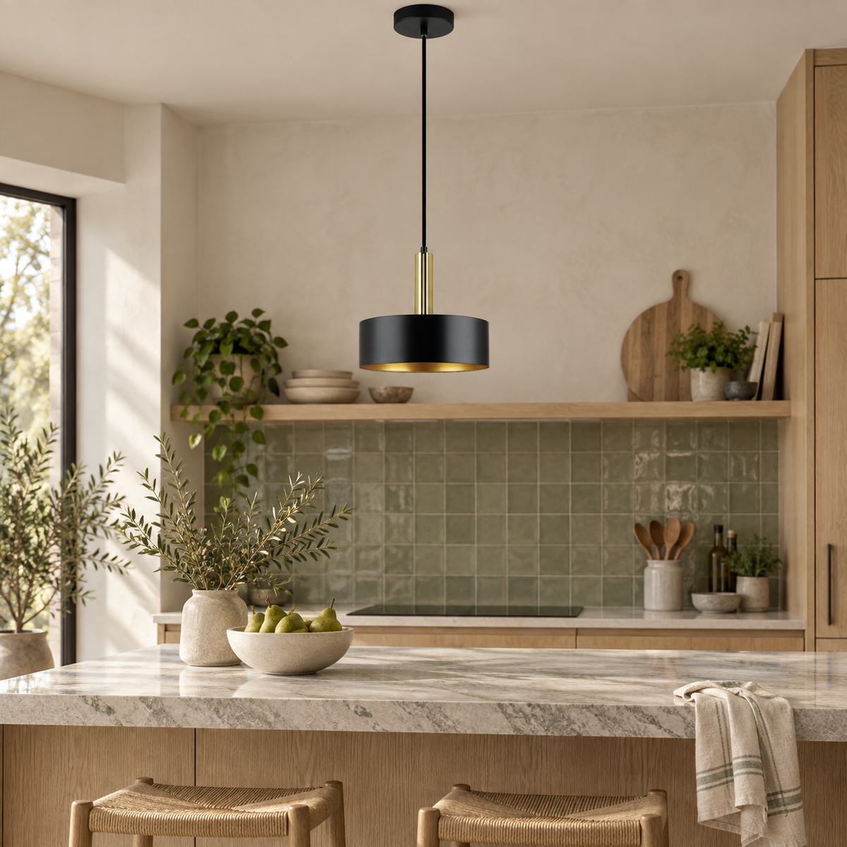 Doma black and gold pendant in realistic interior, scene 1