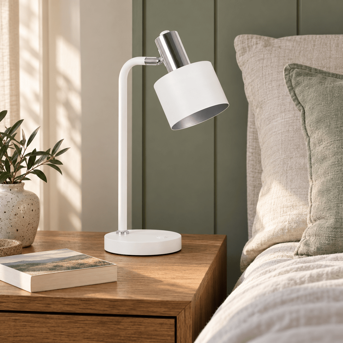 Doma white and chrome table lamp in realistic interior, scene 1