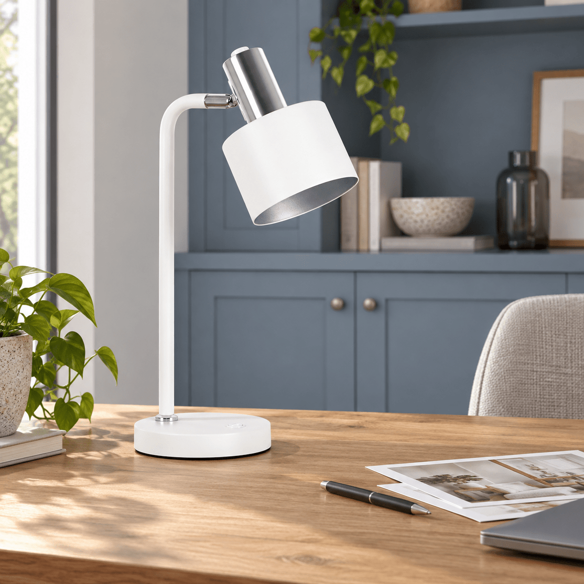 Doma white and chrome table lamp in realistic interior, scene 2