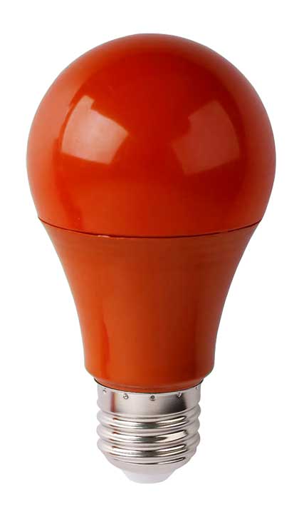 Close-up of a vibrant orange LED A60 bulb with E27 base, showcasing its smooth finish and rounded shape.