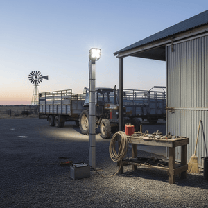 LED work light illuminating a farm area at dusk, highlighting tools on a wooden table and a tractor in the background.
