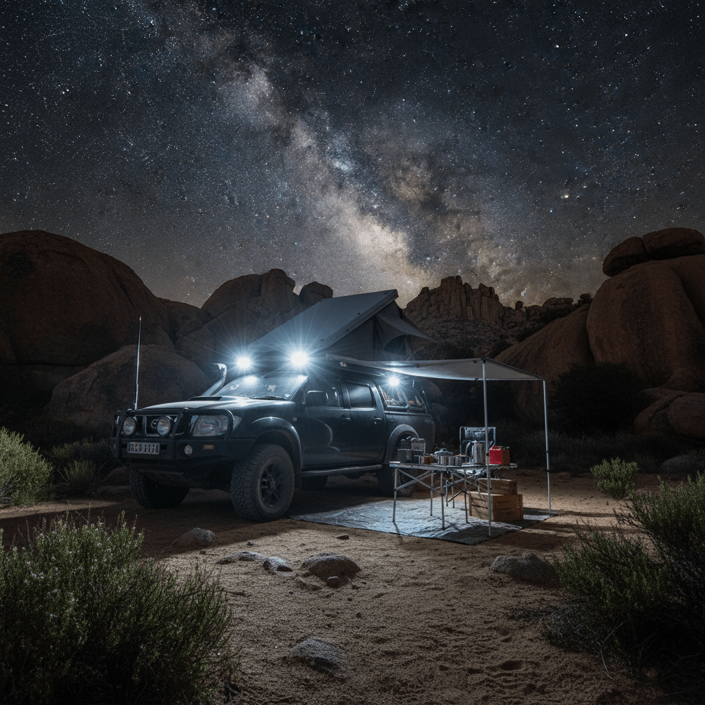 A black 4x4 vehicle with LED work lights set up at a campsite under a starry sky, illuminating a cooking area.