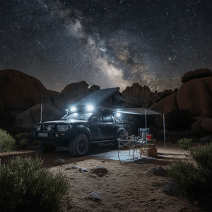 A black 4x4 vehicle with LED work lights set up at a campsite under a starry sky, illuminating a cooking area.