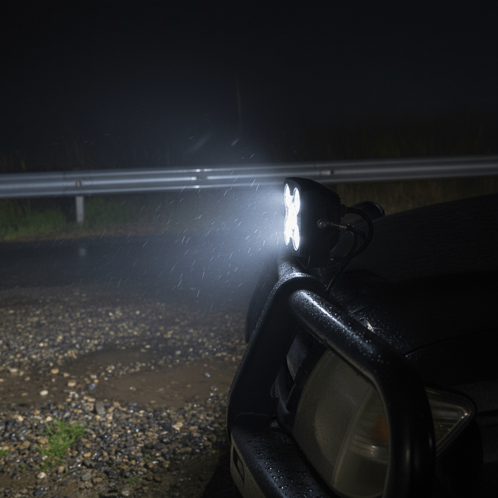 Close-up of a 50W LED work light mounted on a vehicle, illuminating a wet road at night.