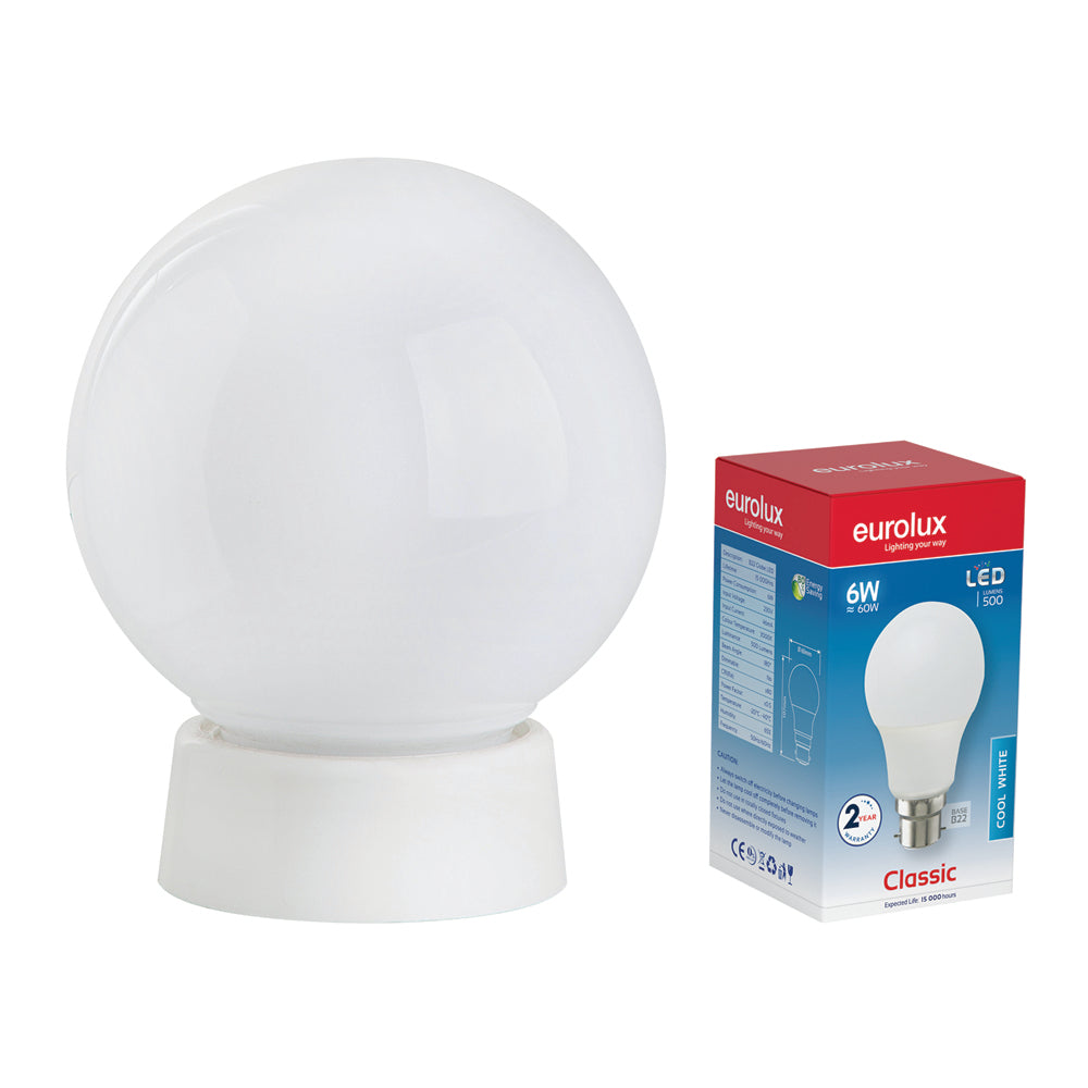 White spherical light bulb on a stand with Eurolux LED bulb packaging.