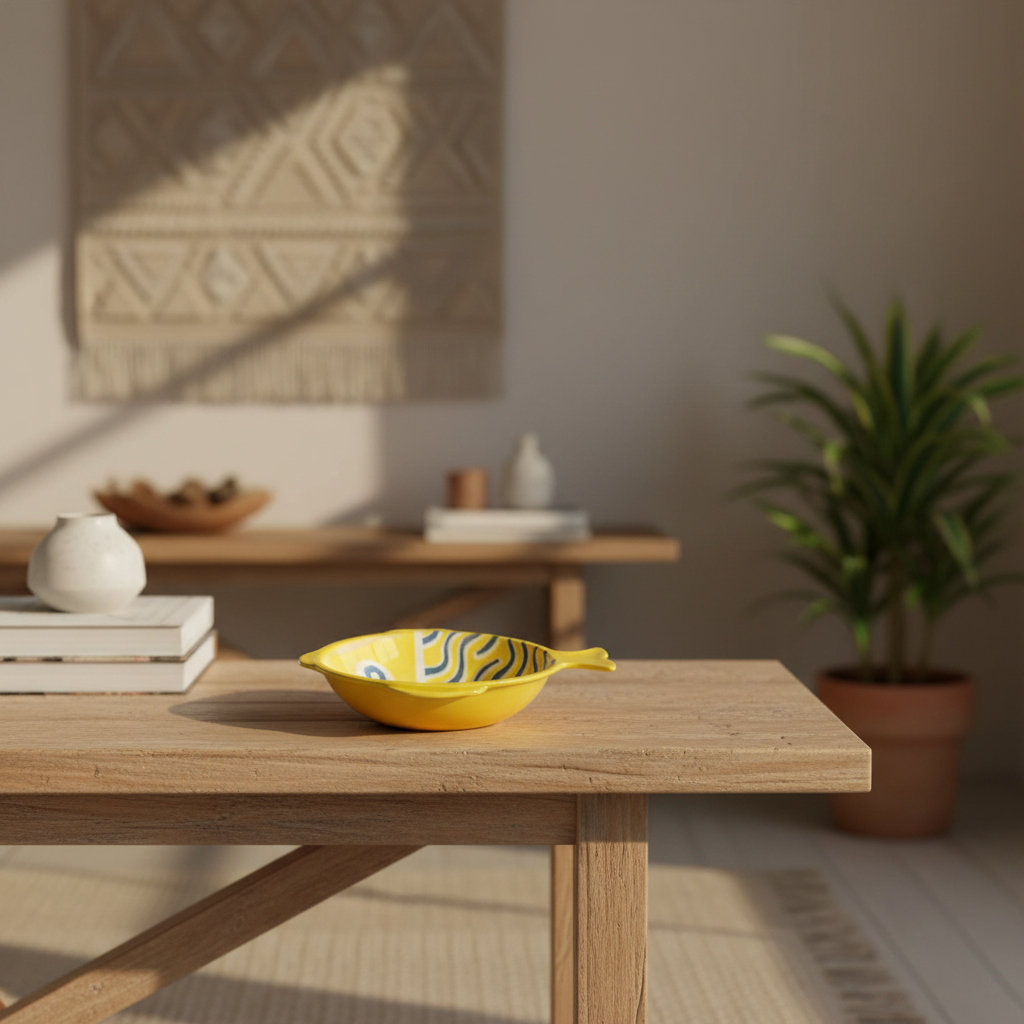 Ceramic Fish Shape Bowl - Yellow, Blue Line Scales
