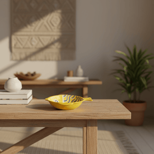 Ceramic fish-shaped bowl in yellow with blue line scales on a wooden table, surrounded by decor items.
