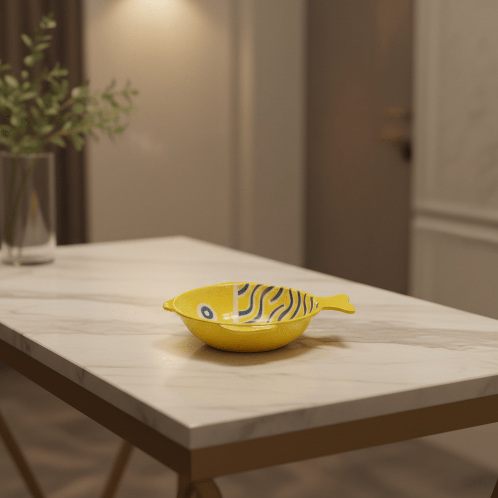 Ceramic fish-shaped bowl in yellow with blue line scales on a marble table.