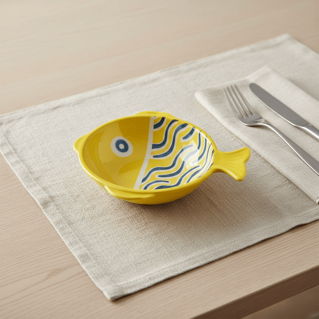 Ceramic fish-shaped bowl in yellow with blue line scales on a beige placemat, accompanied by cutlery.