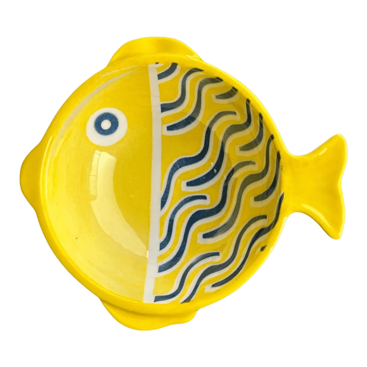 Ceramic bowl shaped like a fish, featuring a bright yellow finish with blue line scales and a round eye.