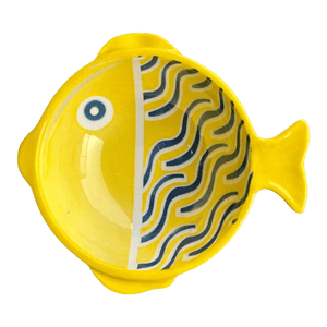 Ceramic bowl shaped like a fish, featuring a bright yellow finish with blue line scales and a round eye.