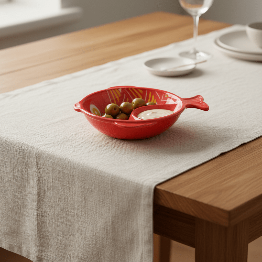 Ceramic fish-shaped bowl in red with orange scales, filled with olives and dip, on a linen table runner.