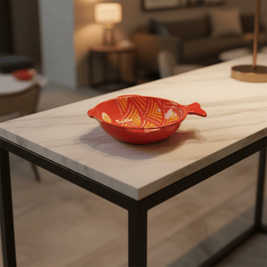 Ceramic fish-shaped bowl with red and orange scales on a marble table, showcasing its decorative design.