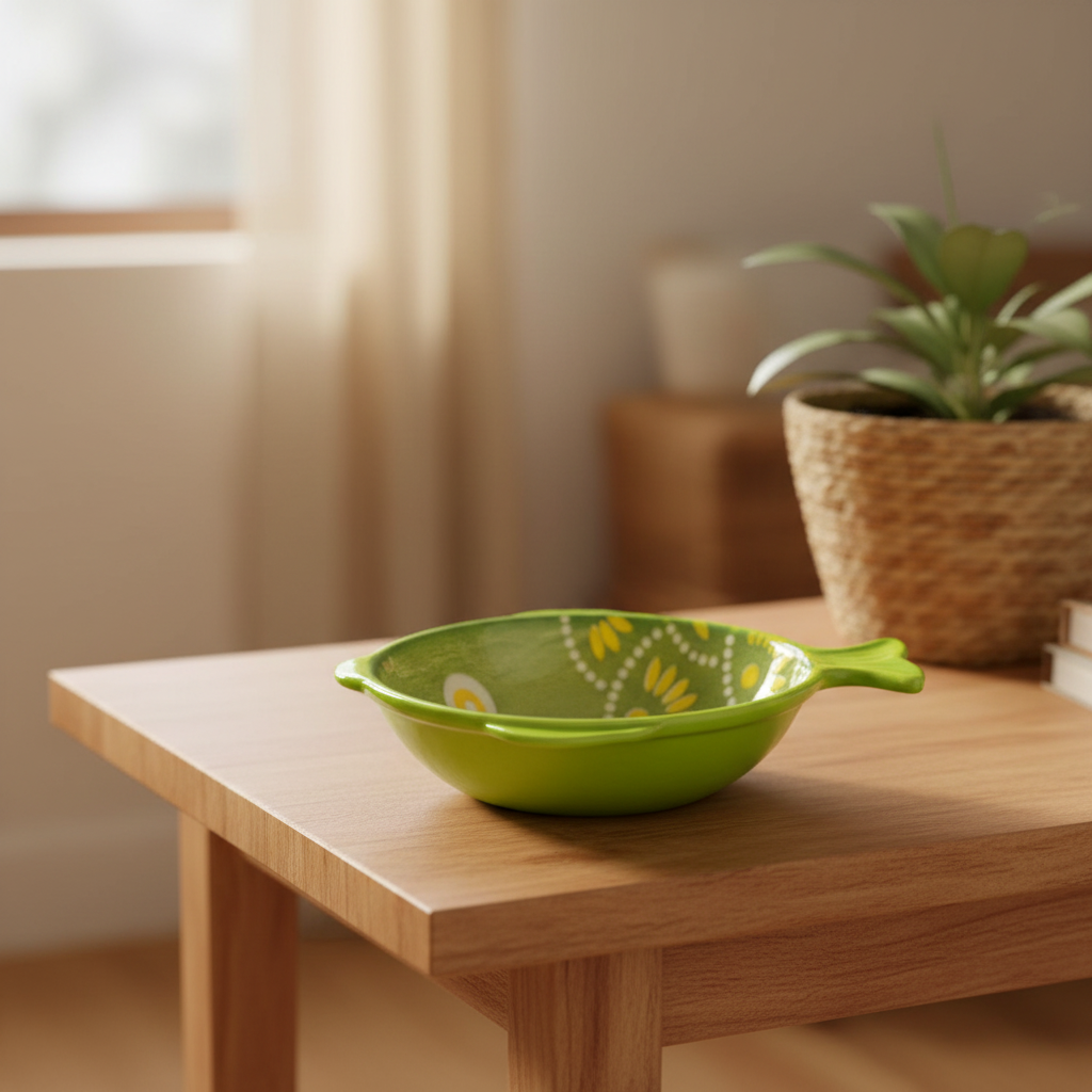 Ceramic Fish Shape Bowl - Green, Yellow Dots Scales