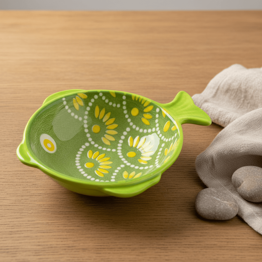 Ceramic fish-shaped bowl in green with yellow dot scales, placed on a wooden surface beside pebbles and fabric.
