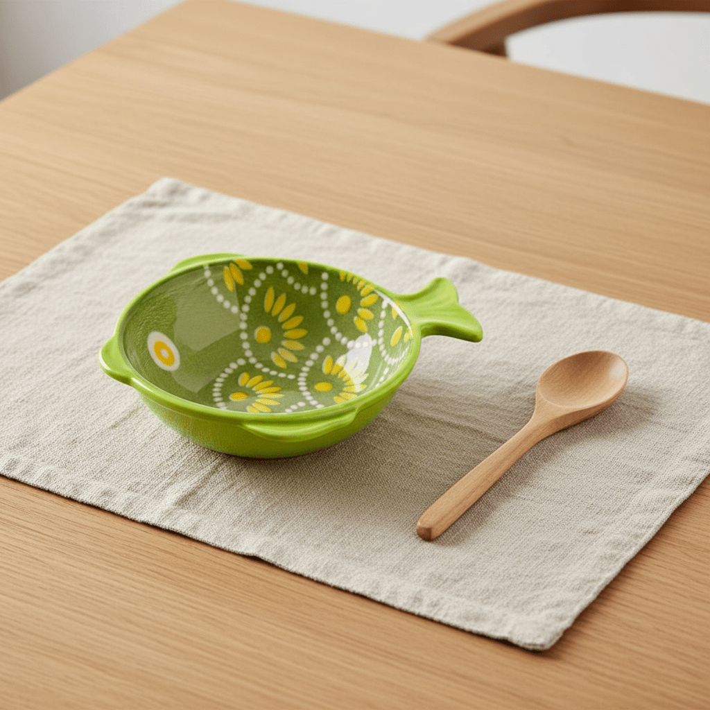 Ceramic fish-shaped bowl with green and yellow dot scales on a linen placemat next to a wooden spoon.