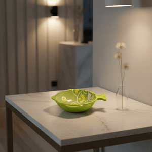 Ceramic fish-shaped bowl in green with yellow dot scales on a marble table, accompanied by a small vase.