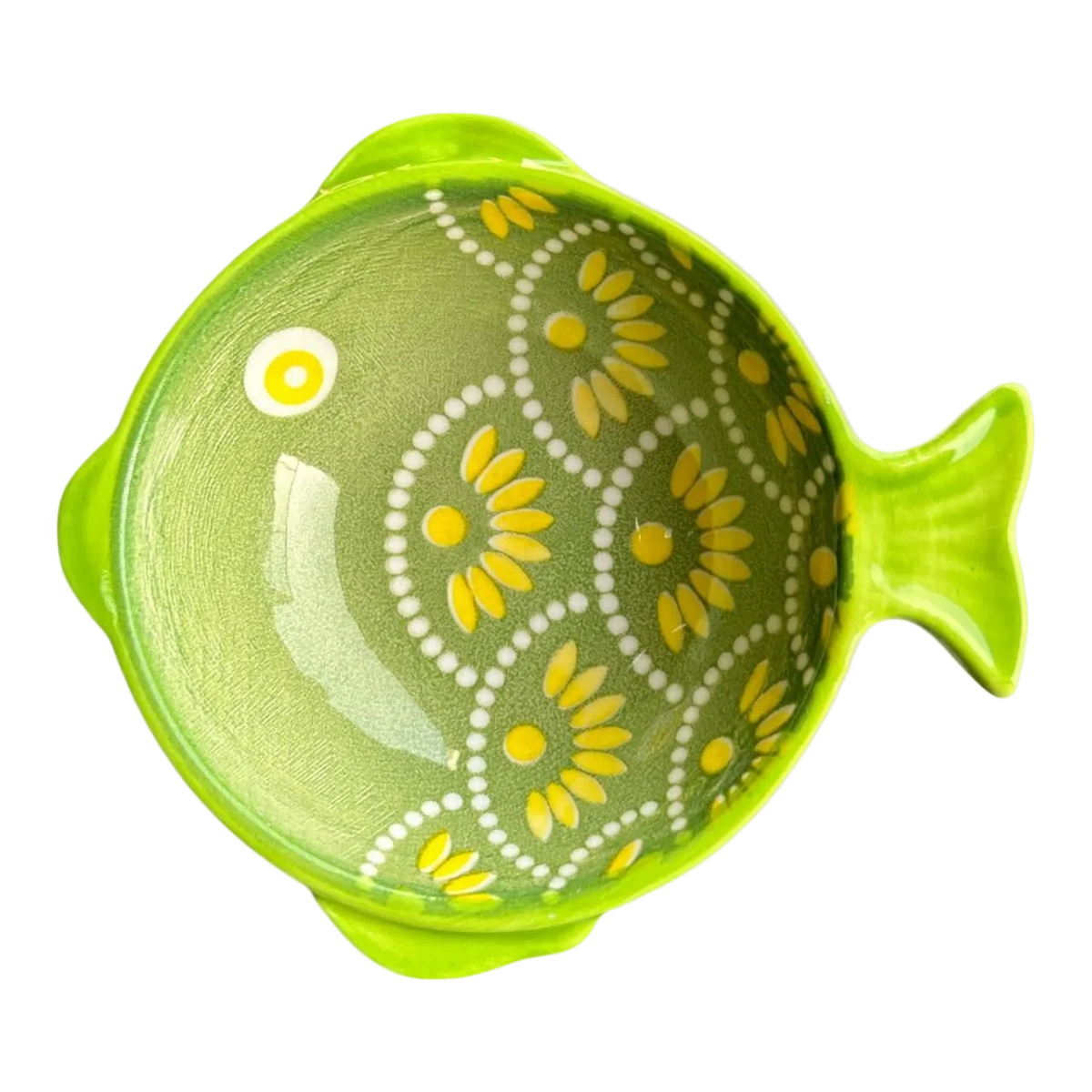 Ceramic fish-shaped bowl in green with yellow dot and floral patterns, featuring a glossy finish.