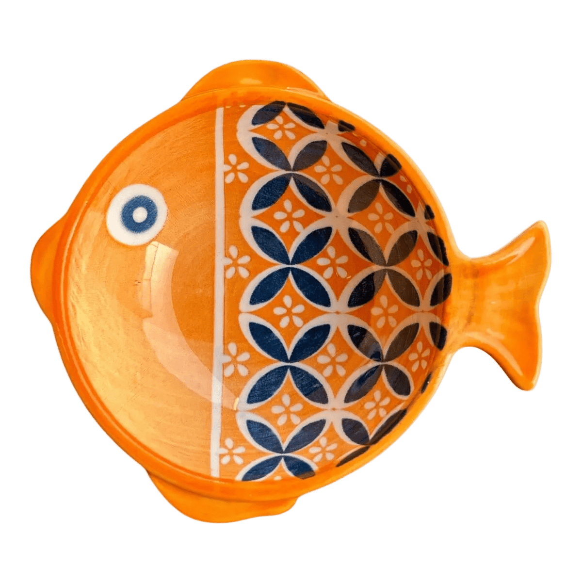 Ceramic fish-shaped bowl featuring an orange exterior and a patterned interior with blue and white floral designs.