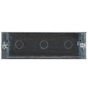 Galvanized modular metal electrical box with three circular cutouts for wiring connections.