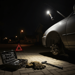 LED torch illuminating a car engine bay at night, with tools and gloves on the ground.