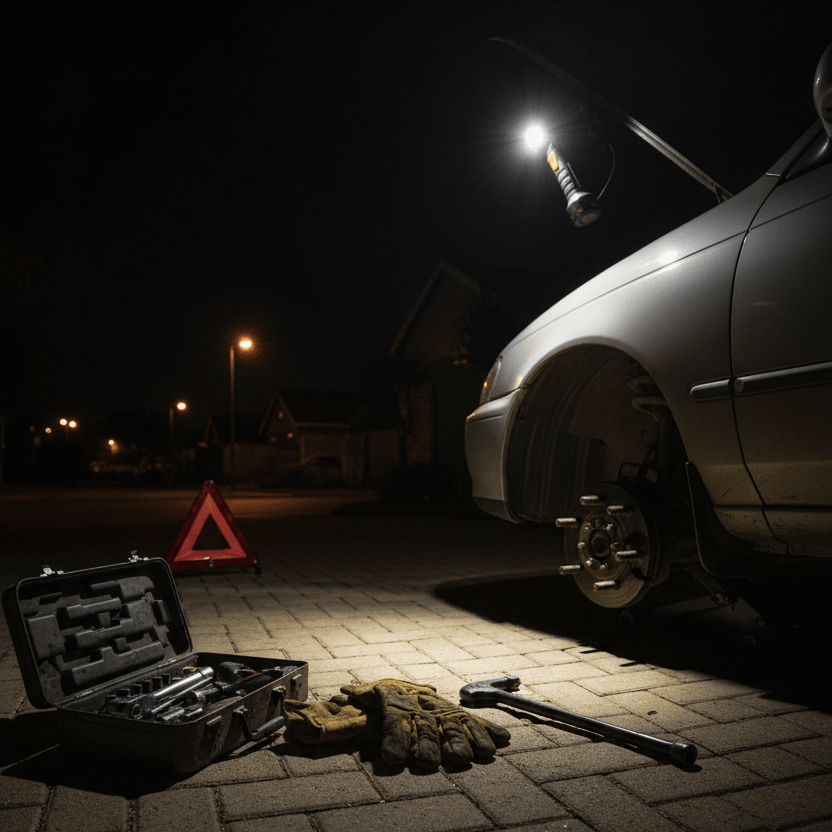 LED torch illuminating a car engine bay at night, with tools and gloves on the ground.