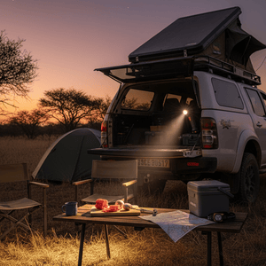 LED torch illuminating a campsite table with food and a map, set against a sunset backdrop.