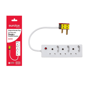 White six‑way power strip with red indicator light, white cable, plug with yellow label, green background