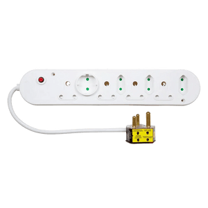 White 8‑way power strip with red indicator, multiple sockets, and a three‑pin plug with yellow label, on green background.