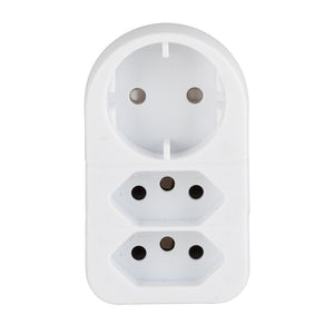 White electrical 3-way 2-pin adaptor plug on a white background