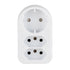 White electrical 3-way 2-pin adaptor plug on a white background