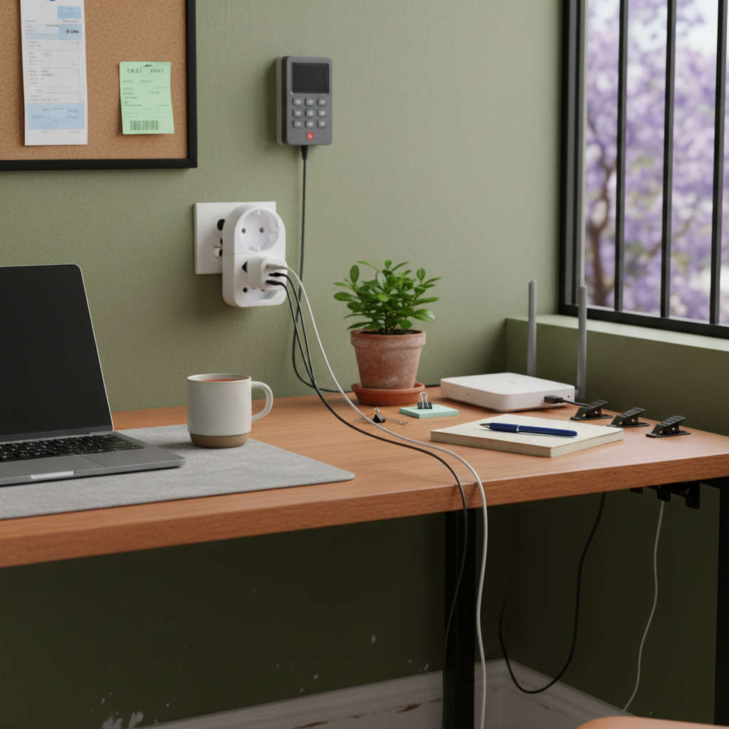 Home office desk with laptop, mug, and plants against a green wall.