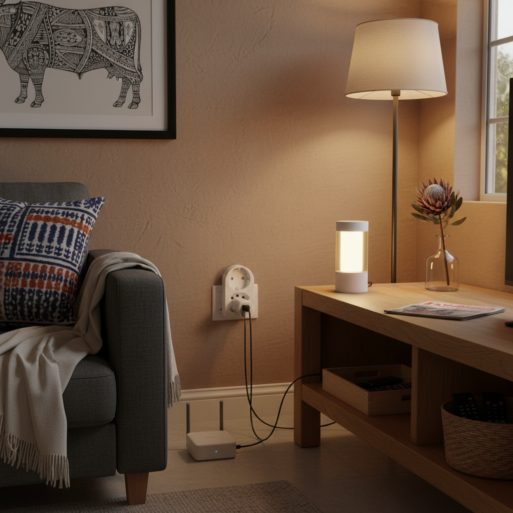 Living room with a gray sofa, lamp, and decorative items.