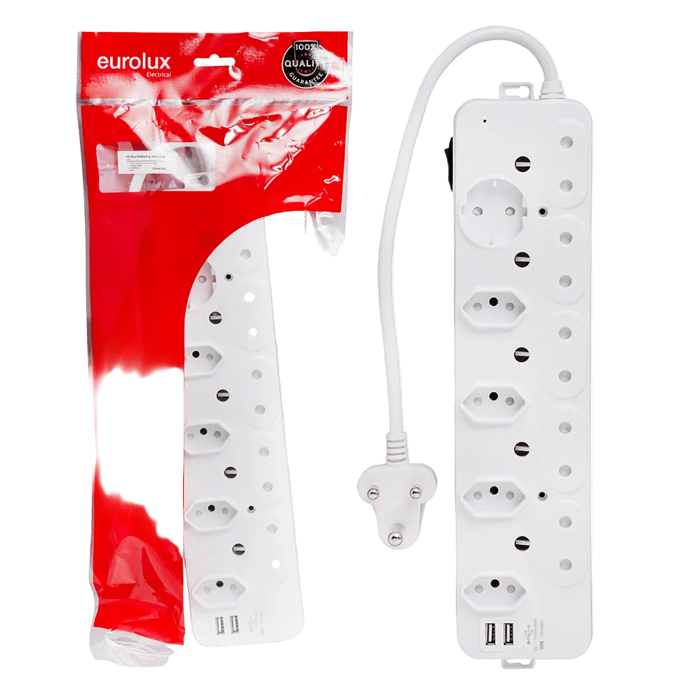 White 10-way multiplug with USB ports, attached to a white power cord, displayed next to red packaging.