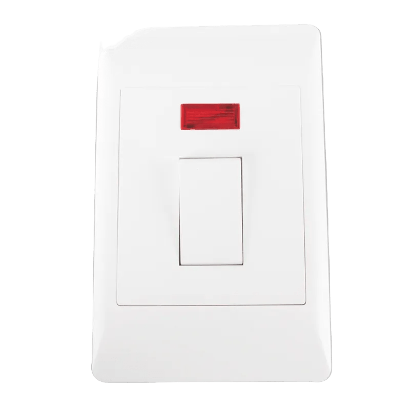 White double‑pole isolator switch with red indicator on green background