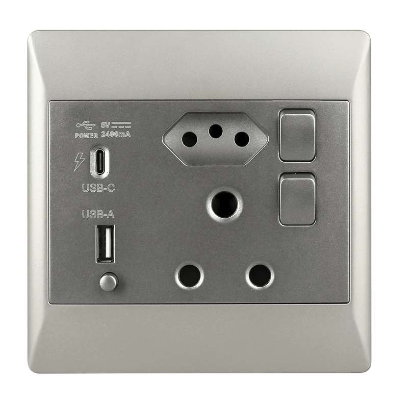 USB-C and USB-A charging multi-plug for South African devices, realistic bedside charging station with phone, tablet and lamp, warm LED lighting, 800x800 composition