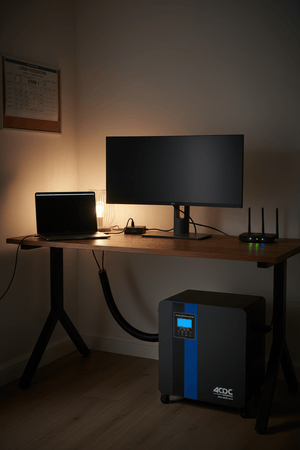 Inverter backup kit positioned under a desk, powering a monitor and laptop in a home office setup.